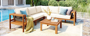 English Elm <old Old Sku Acacia Wood L-shaped Patio Sectional with Woven Rope Armrests Resort Cushioned Set Beige,Teak N704F201249N