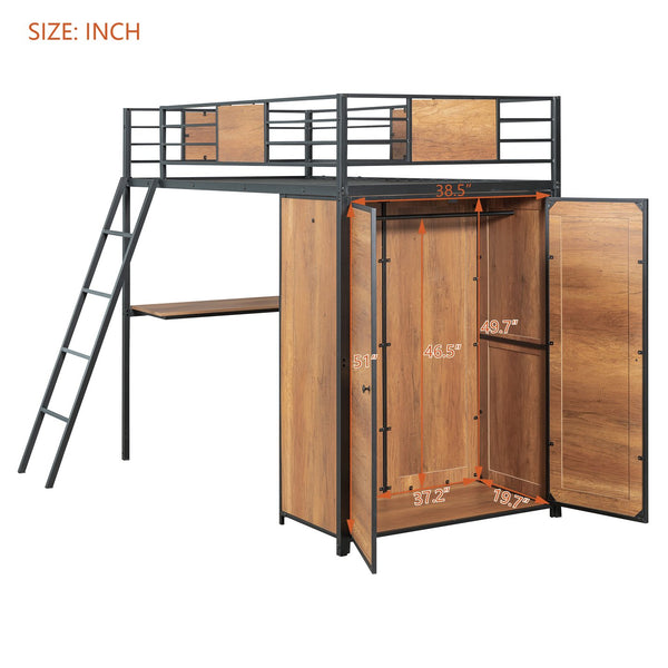 English Elm Twin Loft Bed with L-Shaped Desk and Wardrobe — Space-Saving Iron & Wood Design for Study & Storage Black SF000168AAB