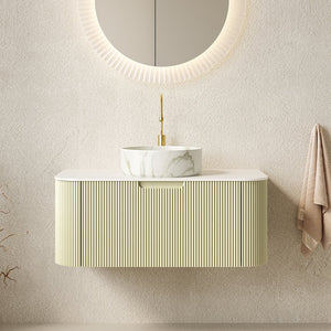 English Elm Dina Floating Bathroom Vanity Sintered Stone Top Glass Basin Striped Plywood Cabinet W2615S00564