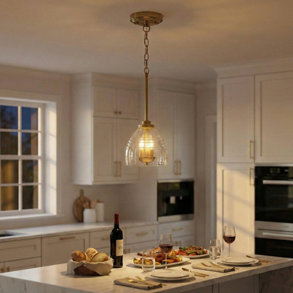 English Elm Ember Satin Brass Chain Pendant Three Candle Lights Clear Glass Dining Room B183P230892