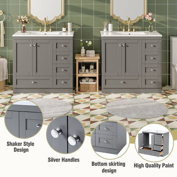 English Elm 72 Shaker Bathroom Vanity 72" Double-Sink Freestanding with Ceramic Basin, Soft-Close Drawers & Doors Grey N729P000010E