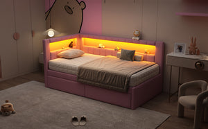 English Elm Upholstered Twin Platform Bed with USB Ports, LED Light Belt, Linen Backrest & 2 Storage Drawers Pink DL001926AAH
