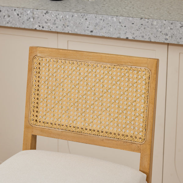 English Elm Full Solid Wood Rattan-Back Bar Stools Set Of 2 - Stylish Beige Cushions For Rustic Kitchen & Café W1143P384367