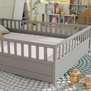English Elm Full Montessori Floor Bed Frame With High-Security Barrier & Clockwise Door - Cozy Gray Design W1858P164944