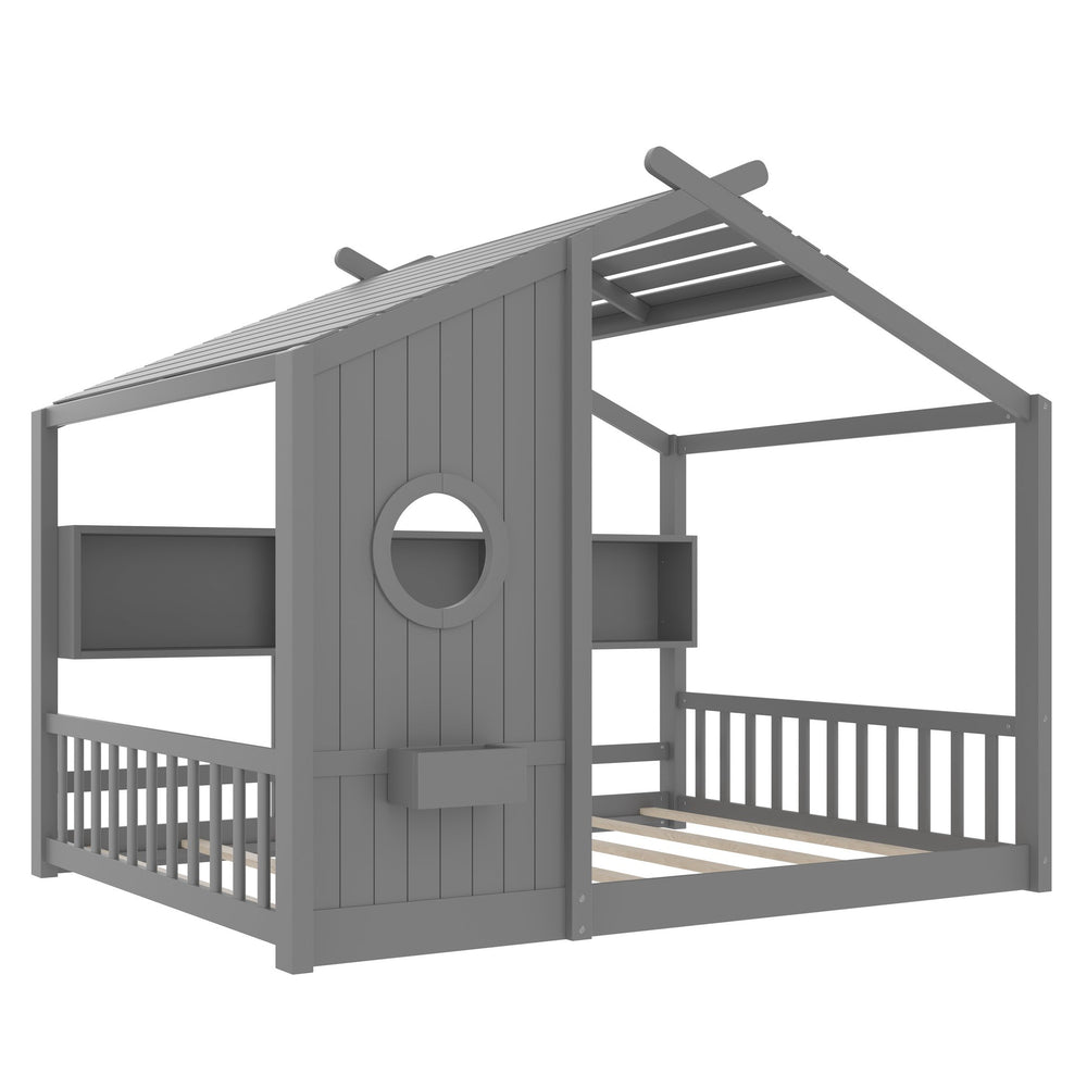 English Elm Full House Floor Bed with Roof Playhouse Design, Montessori Style with Rear Storage Shelf, Sturdy Pine Gray 78.5 L x 16.35 W x 8 H N733P335068E