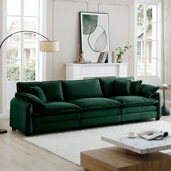 English Elm Mid-Century 3-Seater Sectional Sofa In Luxe Green Corduroy With Plush Pillows For Ultimate Comfort W714S00735