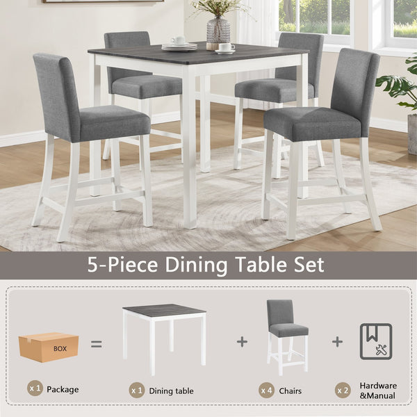 English Elm 5-piece Counter Height Dining Set Rubberwood Upholstered Chairs Grey White Kitchen W1998P418931