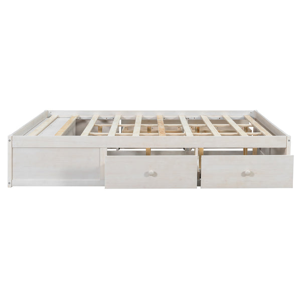 English Elm Queen Platform Storage Bed with Hydraulic Lift Footboard and Four Drawers Antique Finish White LP000139AAK