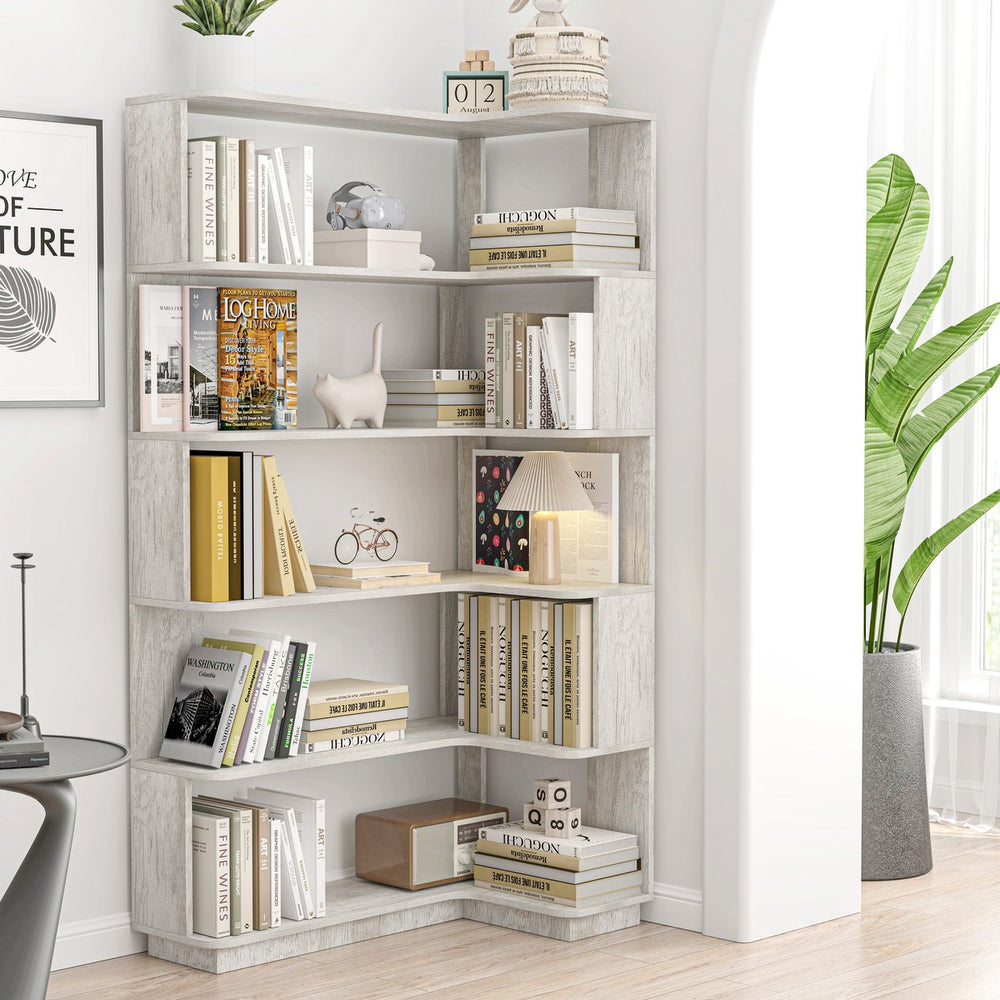 English Elm 90cm L-shaped Corner Bookcase Five Tier Mdf Open Shelving Unit for Home Office W2899P444152