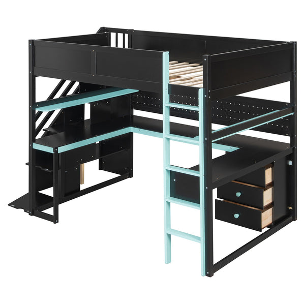 English Elm Full Size Gaming Loft Bed with Led Lighting Desk Shelves and Usb Charging Ports N820S00071C