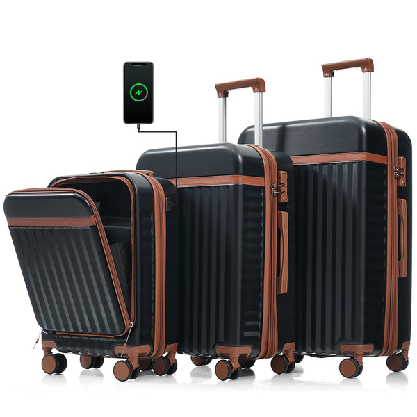 English Elm Luggage 3 Piece Abs Hard Shell Set with Usb Port Front Access and Spinner Wheels Black N726P307555A