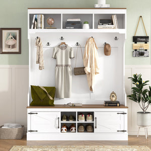 English Elm Vibe Haus Farmhouse Hall Tree with Bench Shoe Storage Hooks and Open Cubbies N724P380402K