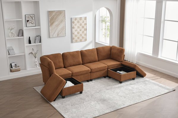English Elm UNITED Modular 6-Seat Sectional Sofa with Removable Ottoman, Storage Compartments, Convertible Comfort Orange W1568S00246