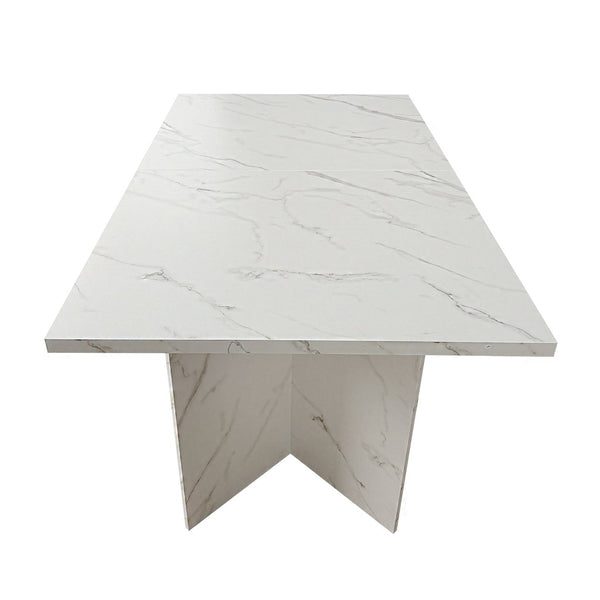 English Elm Extendable Faux Marble Dining Table with V-Legs — Sleek Expandable Conference & Kitchen Centerpiece for 6–10 White W1347S00015