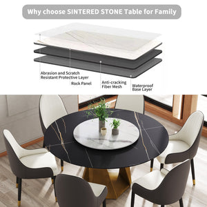 English Elm 59.05" Round Marble Dining Table With Elegant Bronze Base, Turntable For 6-8, Durable & Stylish Design W1535S00415