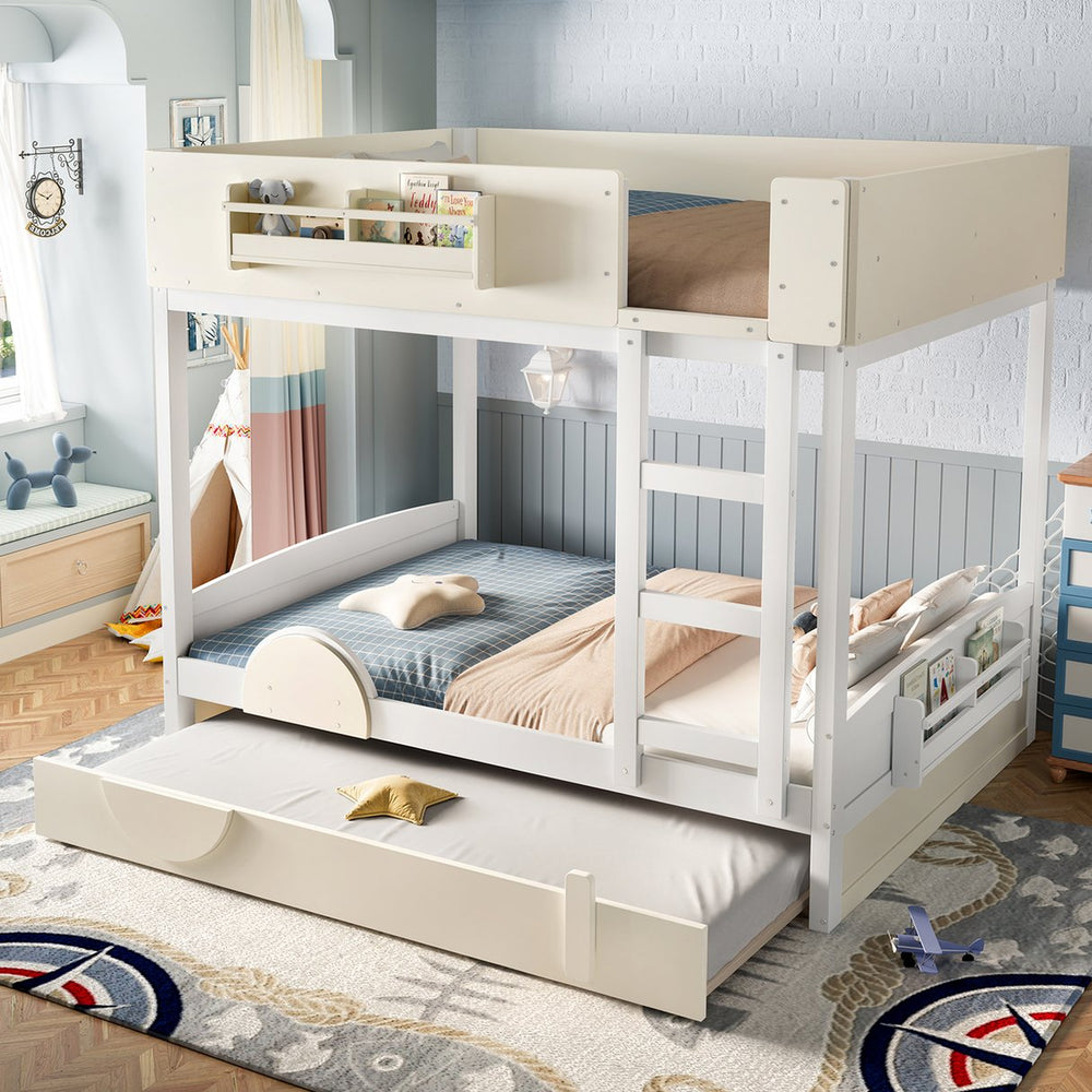 English Elm Full Bunk Bed with Trundle Bookshelf Storage Pine Frame Car Design for Kids Beige+White W1580S00444