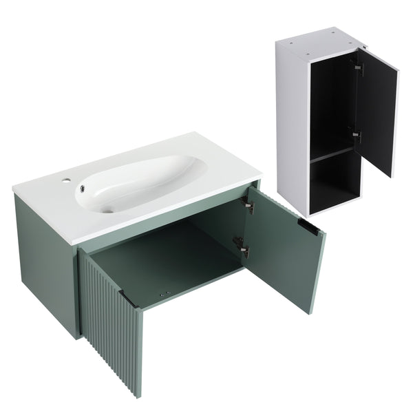 English Elm 36" Floating Bathroom Vanity with Drop-Shaped Resin Sink, Side Cabinet, Soft-Close Doors, Water-Resistant Finish W999S00332