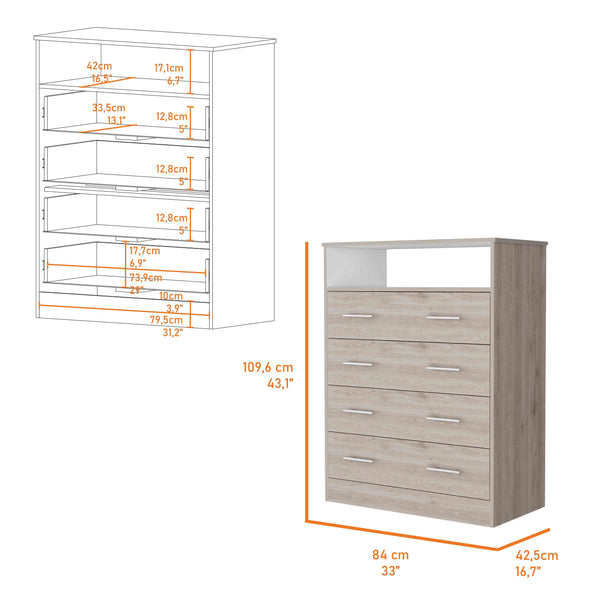 English Elm Lagos Four Drawer Dresser with Spacious Open Shelf and Superior Top, Light Grey Finish, Modern Storage Solution Multicolor 47 L x 22 W x 4 H B128S00097