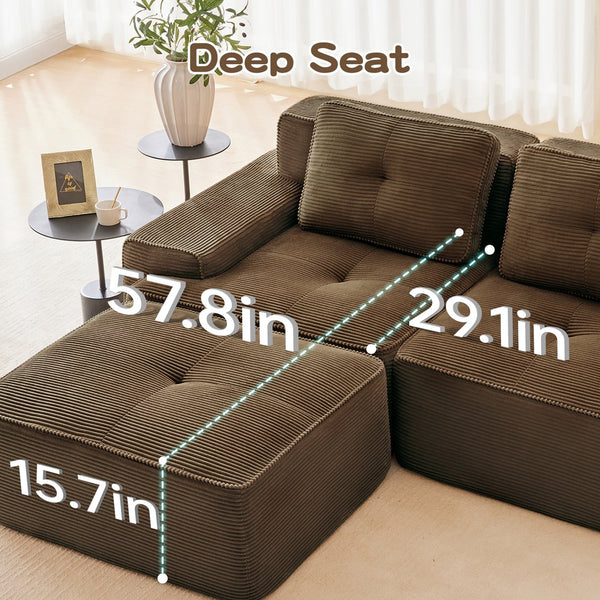 English Elm Modern Corduroy Sectional Sofa Deep Seat V Shape Tufted Couch with Movable Ottoman Brown W714S01576