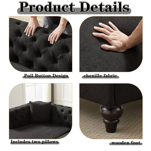 English Elm 135.5-inch Modern Chenille U-Shaped Sectional Sofa with Dual Chaise, Pull-Point Detail, Pillows, Wooden Legs Black W1926S00046