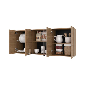 English Elm Lydia Modern Wall Cabinet in Natural Oak Finish with 4 Doors, Glass Display & Metal Handles — Sleek Storage Solution B128P287519