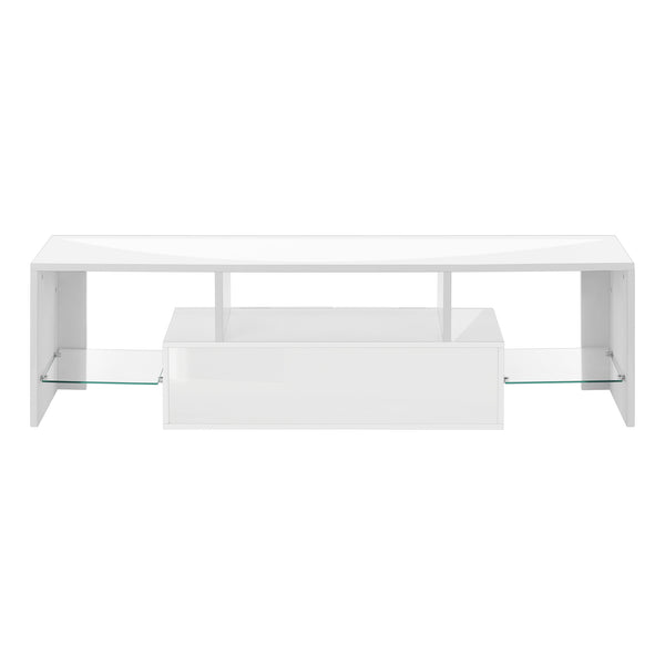 English Elm Tv Stand 63 Inch Glossy White Console with Open Shelves & Dual Drawers, Modern MDF Media Center B2710P219331
