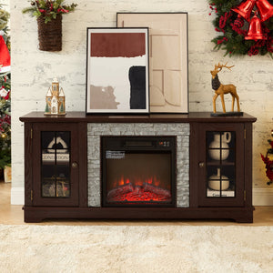 English Elm 58" Modern TV Stand with 18" Electric Fireplace, Faux Stone Mantel, Ample Storage & Cable Management for Living Room Comfort and Style Cherry W2275S00026