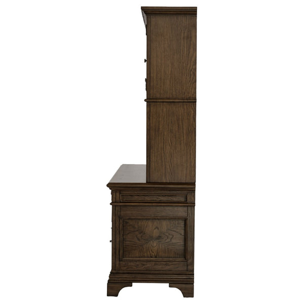 English Elm Stigham Burnished Oak 5-Drawer Credenza & Hutch Set - Elegant Workspace With Power & Storage Solutions B062S00801-GIGA