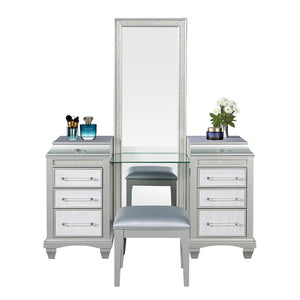 English Elm Glam Elegant Vanity Set with LED Mirror, Plush Stool, Ample Storage, Felt-Lined Drawers, Chic Finish Gray 24 L x 40 W x 36 H B2741S00671