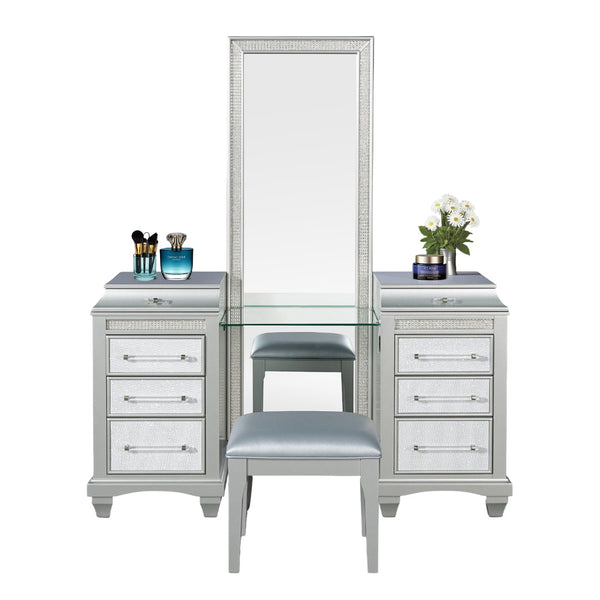 English Elm Glam Elegant Vanity Set with LED Mirror, Plush Stool, Ample Storage, Felt-Lined Drawers, Chic Finish Gray 24 L x 40 W x 36 H B2741S00671