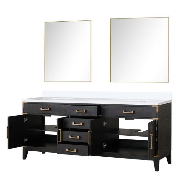English Elm Black Oak Double Bath Vanity Set With Cultured Marble Top & Dual 36" Mirrors For Elegant Storage Solutions B2731S02157