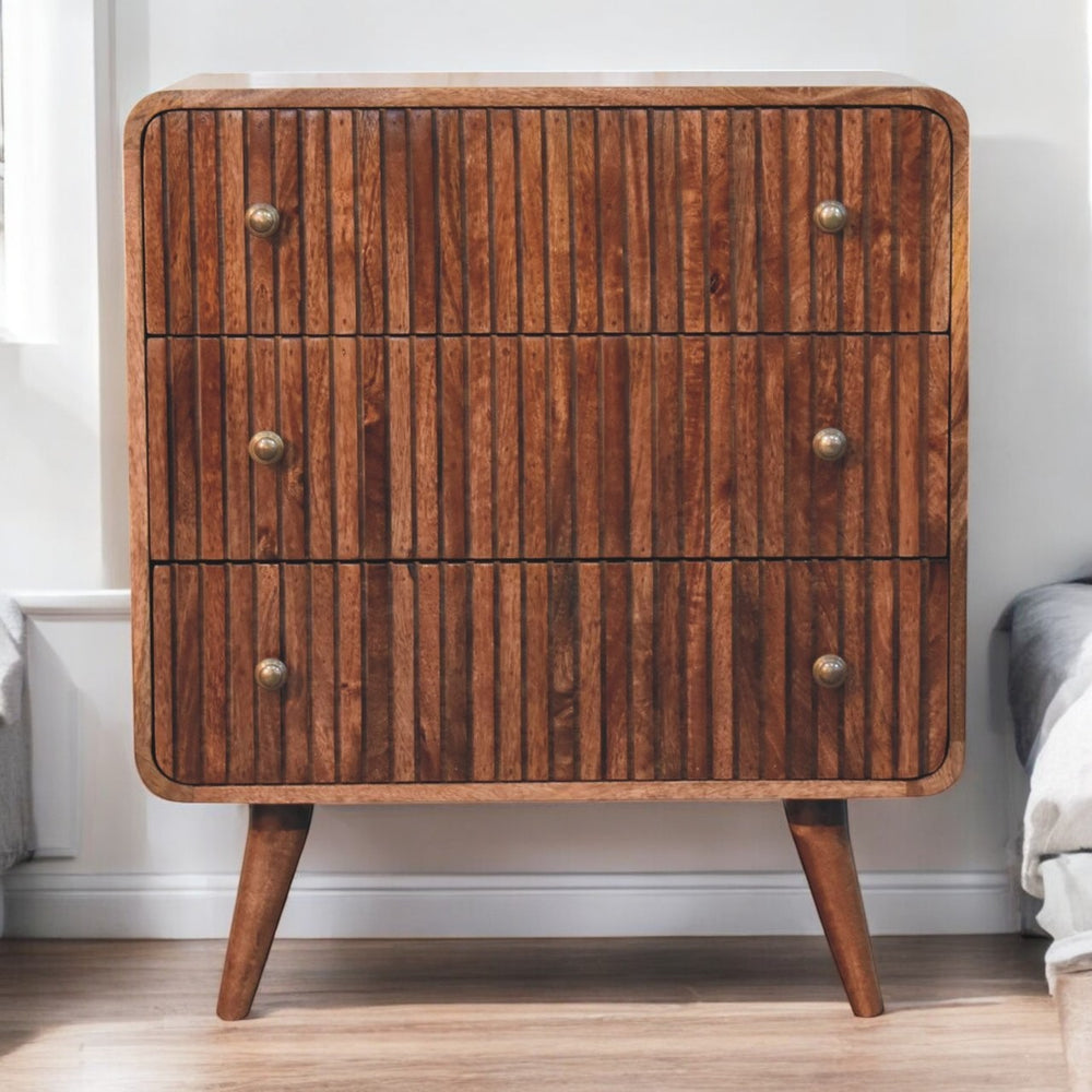 English Elm Solid Mango Wood 3-drawer Chest with Ridged Front and Tapered Nordic Legs for Bedroom B182P279284