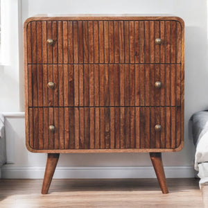 English Elm Solid Mango Wood 3-drawer Chest with Ridged Front and Tapered Nordic Legs for Bedroom B182P279284