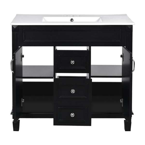 English Elm 36'' Modern Bathroom Vanity With Black Ceramic Top, Soft Closing Doors & Drawers For Stylish Storage N710P230231B