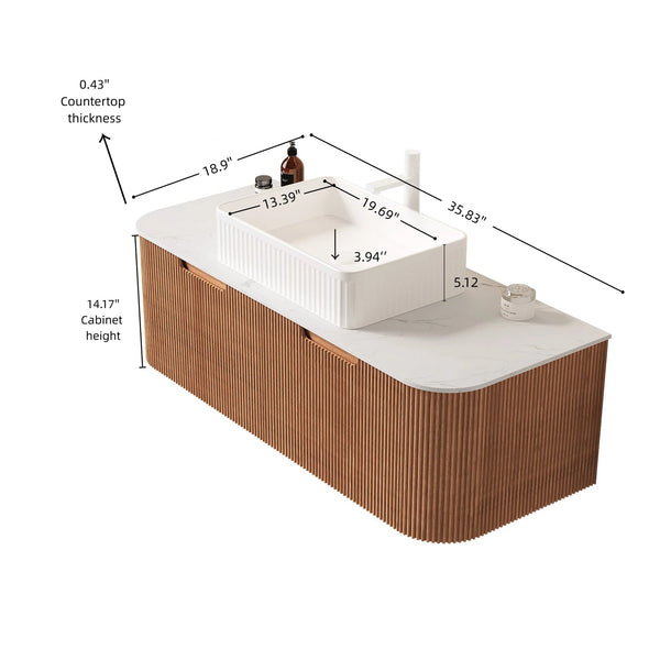 English Elm Dina Floating Bathroom Vanity with Crystal Glass Basin and Sintered Stone Top Carrara White,Natural Wood,White W2615S00162