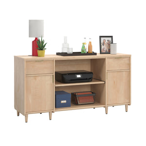 English Elm Credenza, Maple finish—65" durable engineered wood storage with 2 drawers, adjustable shelves, cord management B356P354456