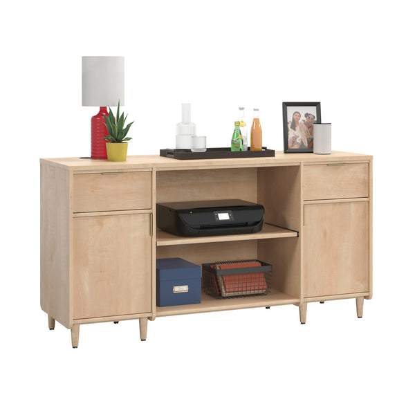 English Elm Credenza, Maple finish—65" durable engineered wood storage with 2 drawers, adjustable shelves, cord management B356P354456