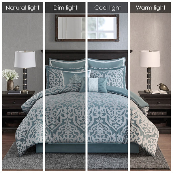 English Elm 8 Piece Jacquard Comforter Set - Luxurious Aqua/Silver Queen Ensemble For Elegant Bedroom Makeover B035128882