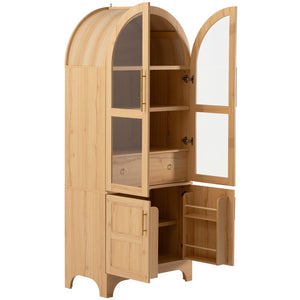 English Elm K&K Arched 71" Kitchen Pantry Cabinet with Glass Doors, Brass Handles, Adjustable Shelves & Drawer Natural N707P288969Y