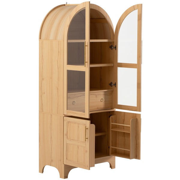 English Elm K&K Arched 71" Kitchen Pantry Cabinet with Glass Doors, Brass Handles, Adjustable Shelves & Drawer Natural N707P288969Y