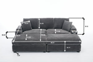English Elm Corduroy Upholstered Chaise Lounge Sofa with Movable Ottoman, Cup Holder, Deep Seat Comfort Grey W2120S00007