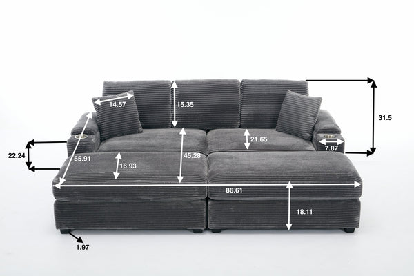 English Elm Corduroy Upholstered Chaise Lounge Sofa with Movable Ottoman, Cup Holder, Deep Seat Comfort Grey W2120S00007