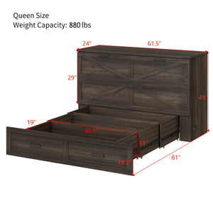 English Elm Queen Farmhouse Murphy Cabinet Bed with Charging Station and Storage Drawer Gray N733S361778G
