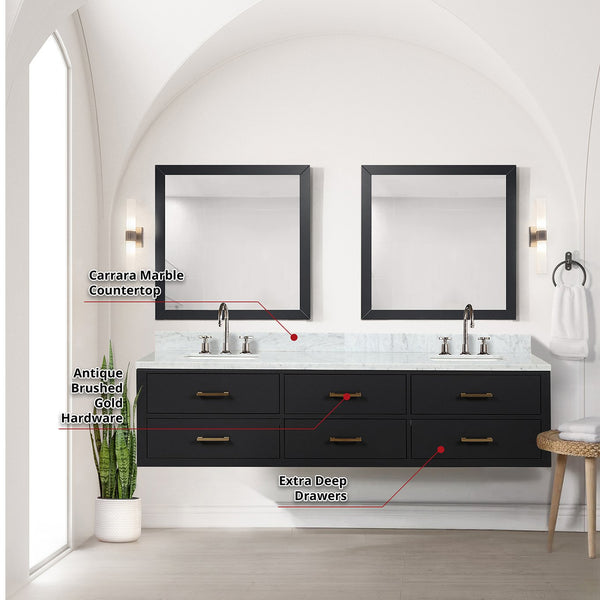 English Elm Black Double Bath Vanity 80 in W x 22 in D with Carrara Marble Top, Chrome Faucets & Dual 36" Mirrors B2731S01840