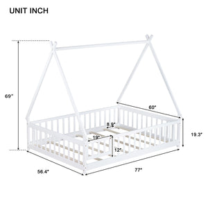 English Elm Full Size Tent-Shaped Floor Bed In White - Rubberwood Frame With Guardrails, Slats & Cozy Door W504P345787