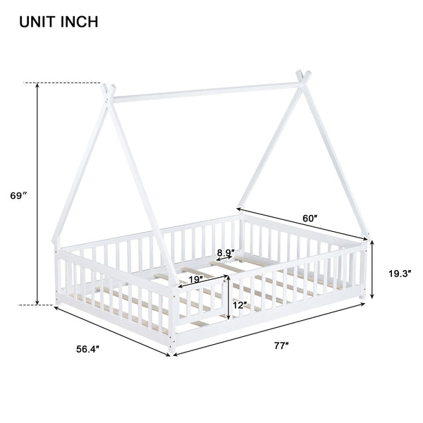 English Elm Full Size Tent-Shaped Floor Bed In White - Rubberwood Frame With Guardrails, Slats & Cozy Door W504P345787