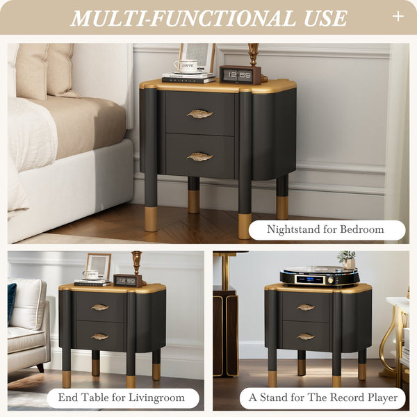 English Elm Contemporary Two Drawer Nightstand Curved Profile Feather Handles Exposed Legs Bedroom Black N761P285711B