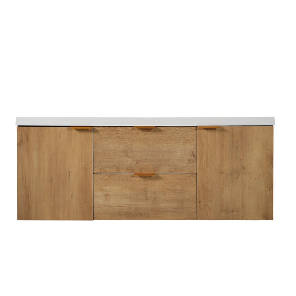 English Elm [video]59.3 Inch Wall Mounted Double Sink Vanity Wood Grain Mdf Soft Close Storage N729P000027N