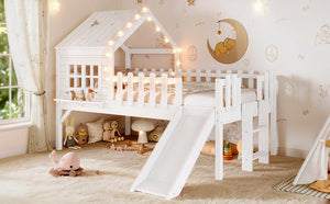 English Elm Twin Playhouse Loft Bed Solid Pine Frame with Slide Led Lights and Star Roof White W5316S00001