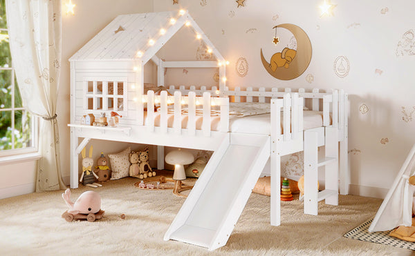 English Elm Twin Playhouse Loft Bed Solid Pine Frame with Slide Led Lights and Star Roof White W5316S00001